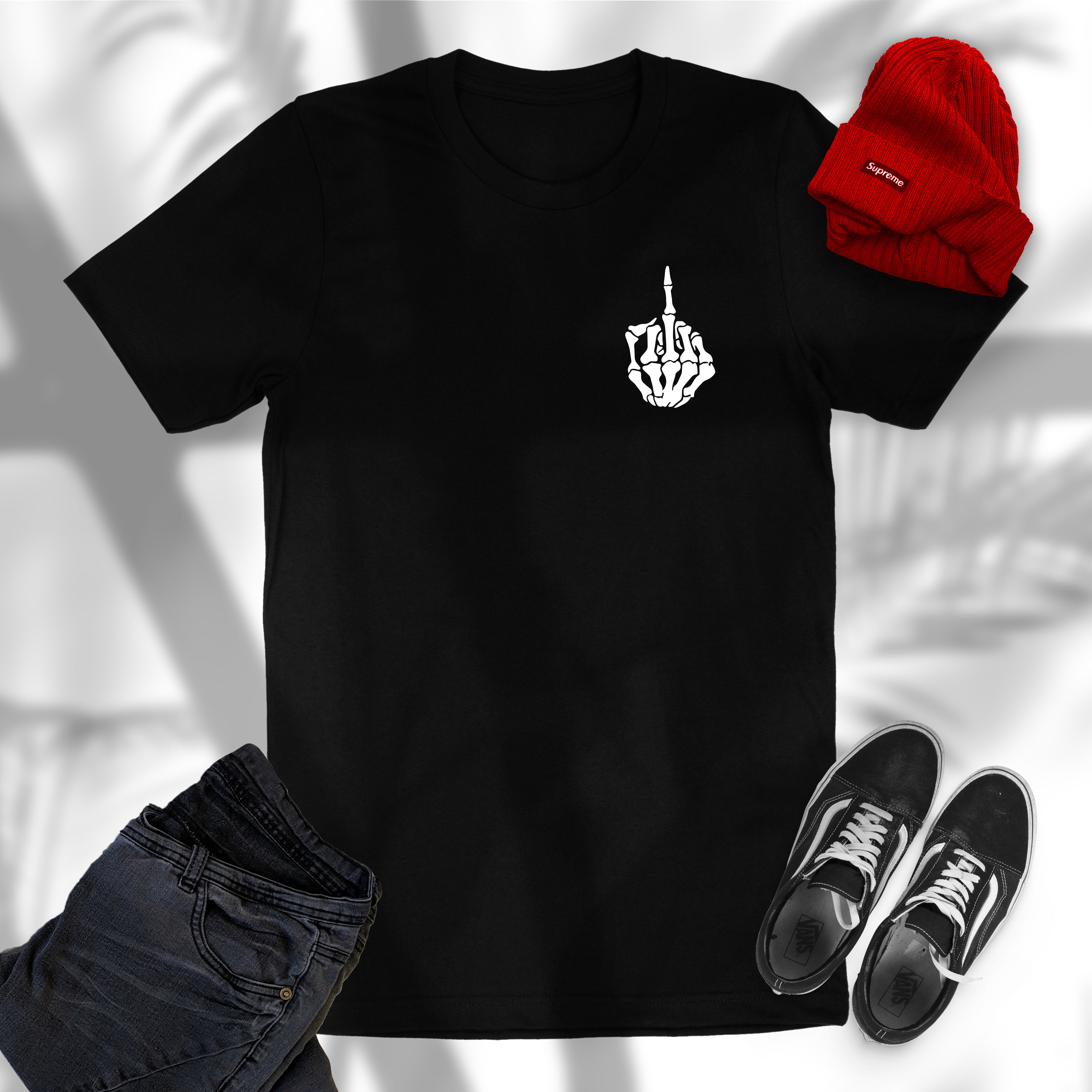 Skeleton Middle Finger Left-Chest Tee – Subtle Bold Streetwear by BLVCK ...