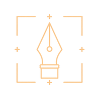 A minimalist light peach line icon of a fountain pen nib centered inside a targeting reticle with plus signs on a solid black background.
